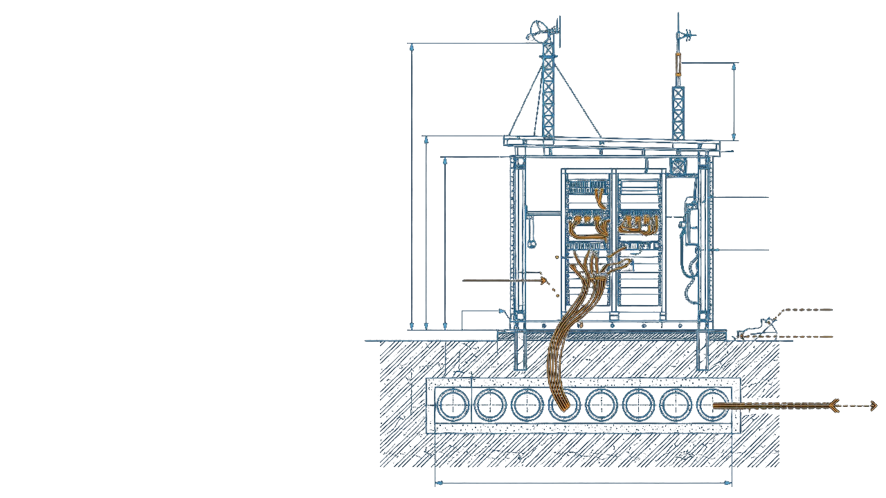 Blueprint-style technical illustration of a communications shelter: rooftop antennas above, an equipment rack laced with amber fiber jumpers inside, a duct bank and conduit sweep below grade with a dashed bore path, drawn as fine cyan and amber linework on dark blue