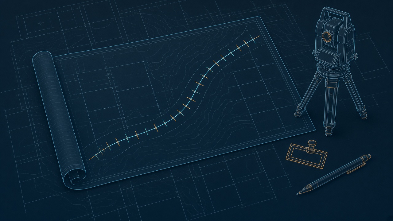 Blueprint-style illustration of route development: alignment sheet with stationing, survey instrument, parcel grid