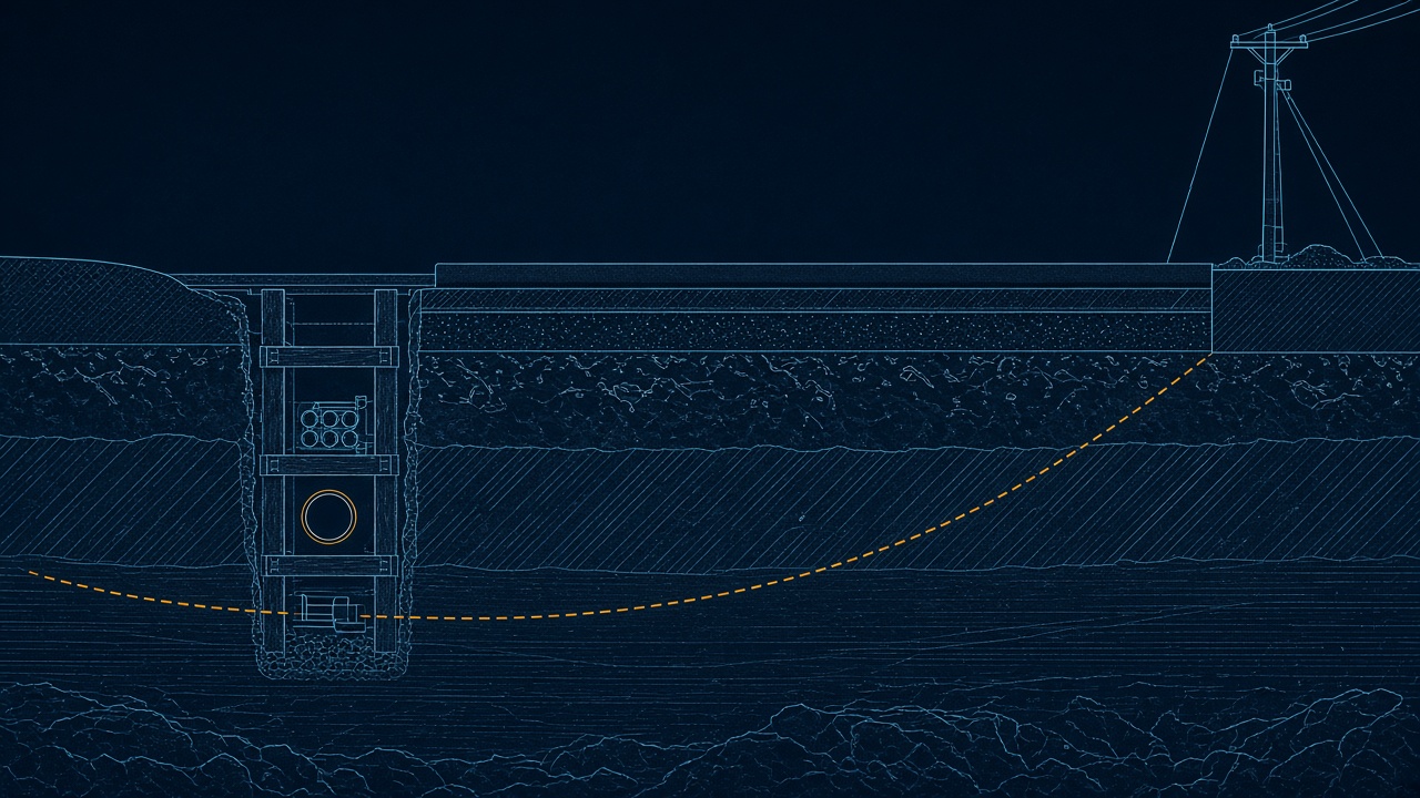 Blueprint-style cross-section of outside plant: joint trench with conduit beside a roadway, a dashed bore path arcing beneath it, a utility pole at the edge