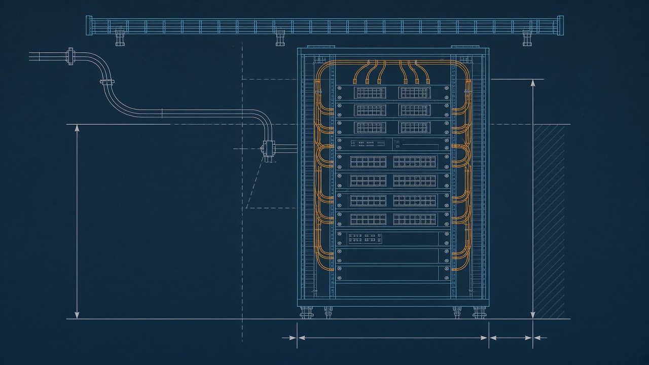 Blueprint-style illustration of an inside-plant telecom room: rack elevation with patch panels, fiber jumpers, cable tray