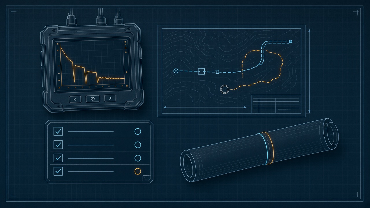 Blueprint-style illustration of closeout documentation: OTDR trace, as-built drawing sheet, checklist