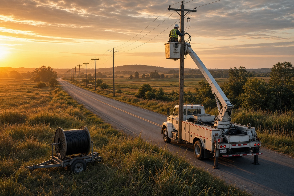 Bucket truck crew working a rural pole line at golden hour with a fiber reel trailer staged