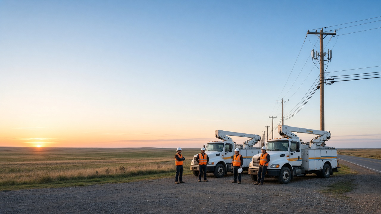 Two bucket trucks with brand-striped cabs and booms stowed on a level gravel shoulder at sunrise, four crew members in vests and hard hats beside them, poles carrying power conductors with a telecom cable band below, a wide empty sky over open grassland to the left