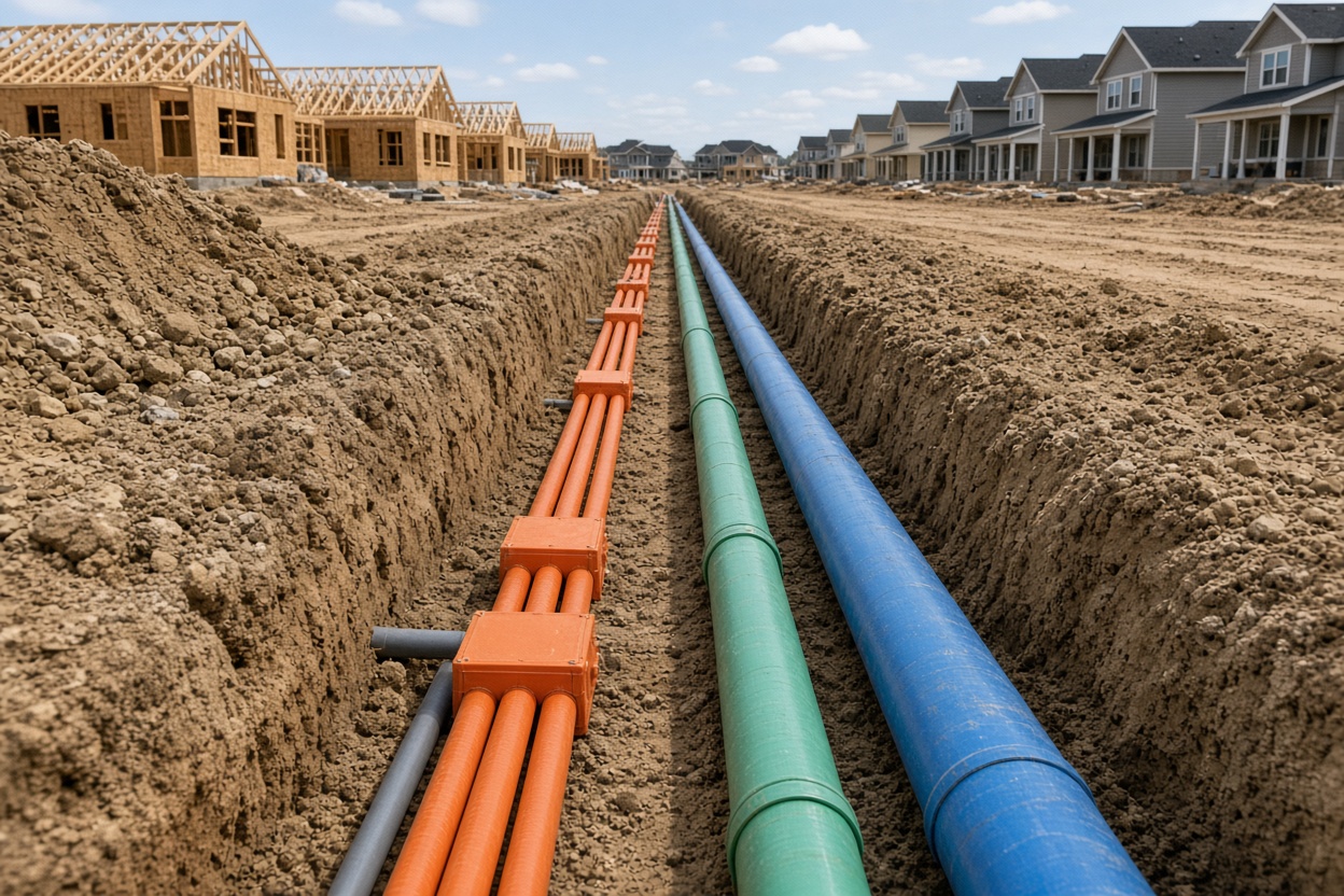 Open joint utility trench in a new subdivision with fiber conduit, water pipe, and sewer pipe laid together