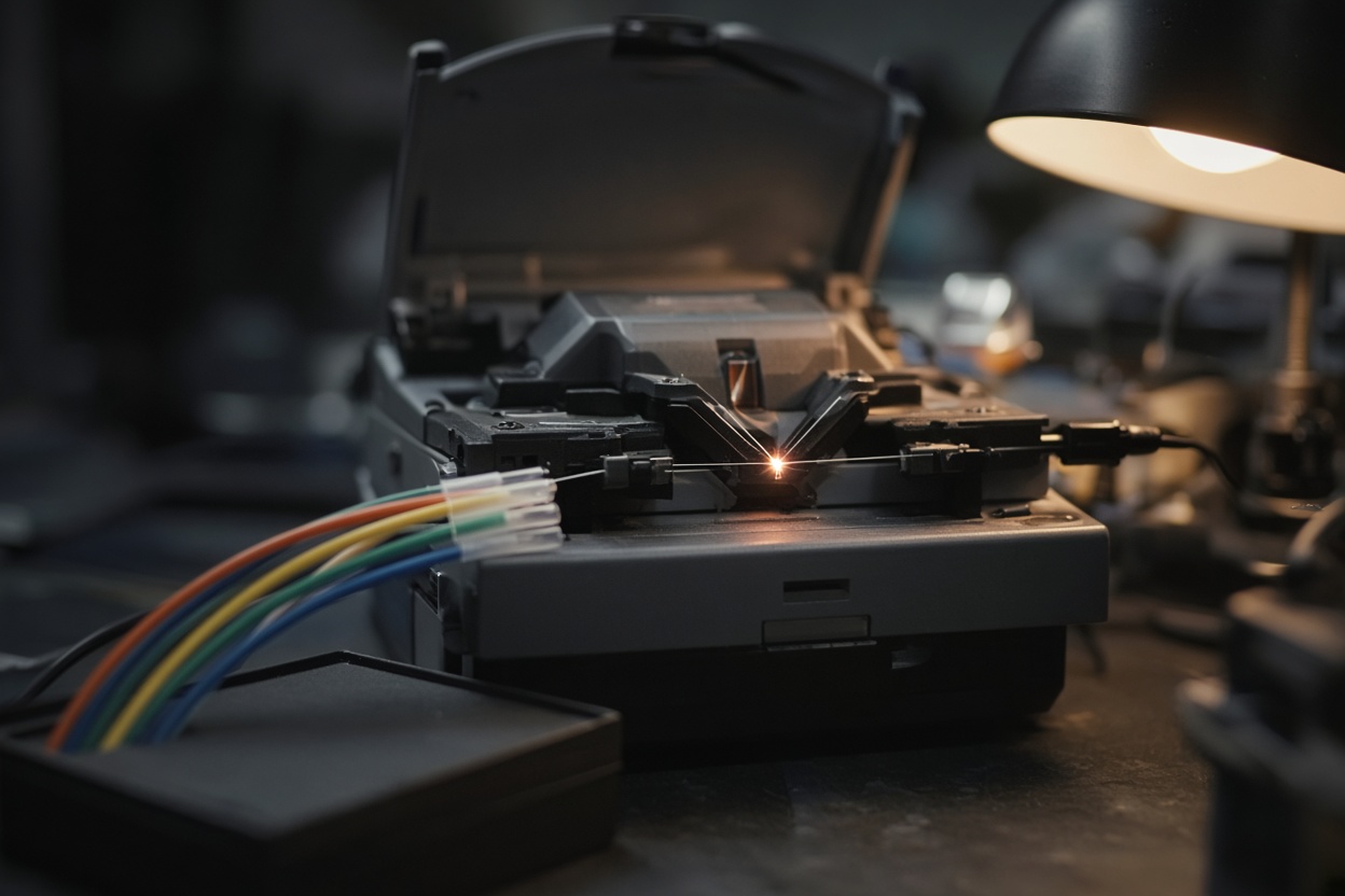 Fusion splicer joining optical fiber inside a splicing trailer